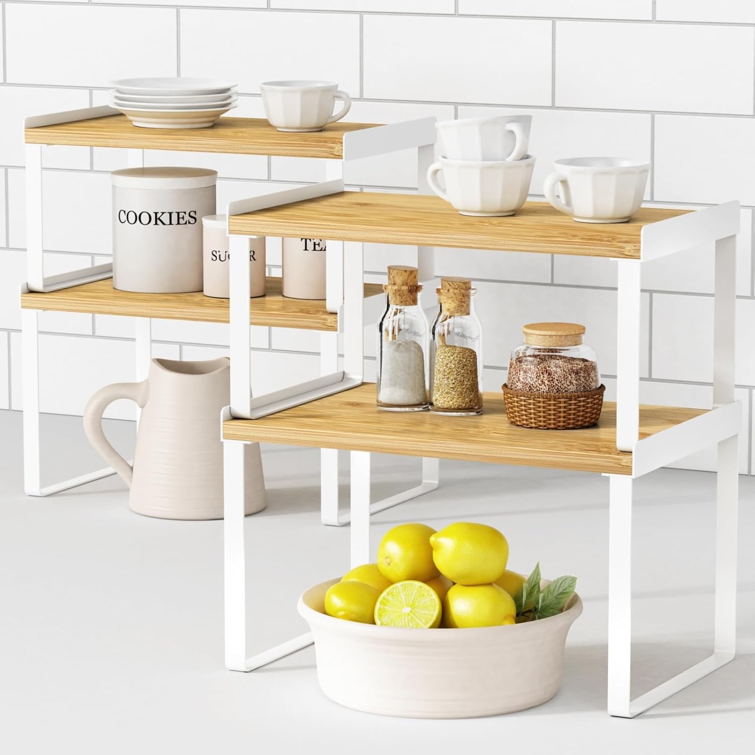 Juego de 4 estantes organizadores de armario de cocina, organizador apilable de encimera para encimera de cocina, organizadores de esquina y estante