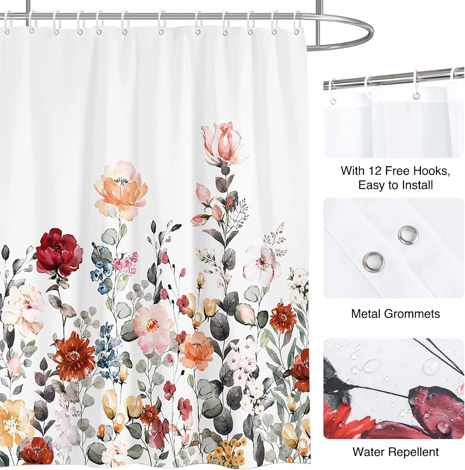 Cortina de ducha de tela floral, cortina de ducha de baño, tela de poliéster impermeable de secado rápido, juego de cortina de ducha para baño,