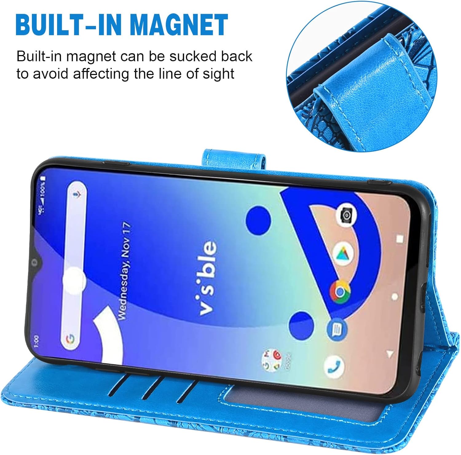 Asuwish WTVIS01 – Funda de teléfono para teléfono visible de medianoche con protector de pantalla de vidrio templado y cartera de encaje, soporte