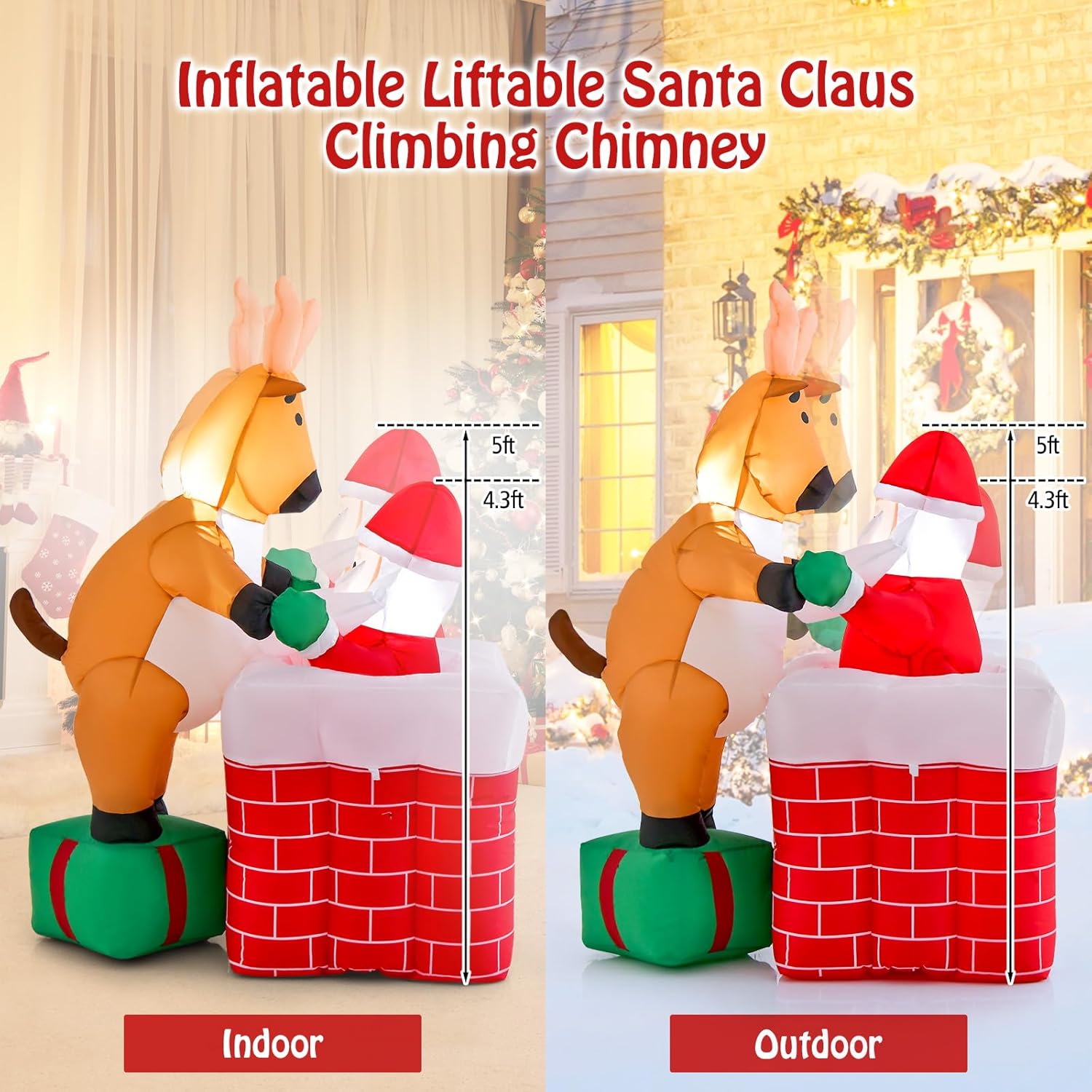 Tangkula Chimenea inflable de Navidad de 5 pies con reno de pie en una caja de regalo, decoración de Navidad inflable con luces LED integradas para