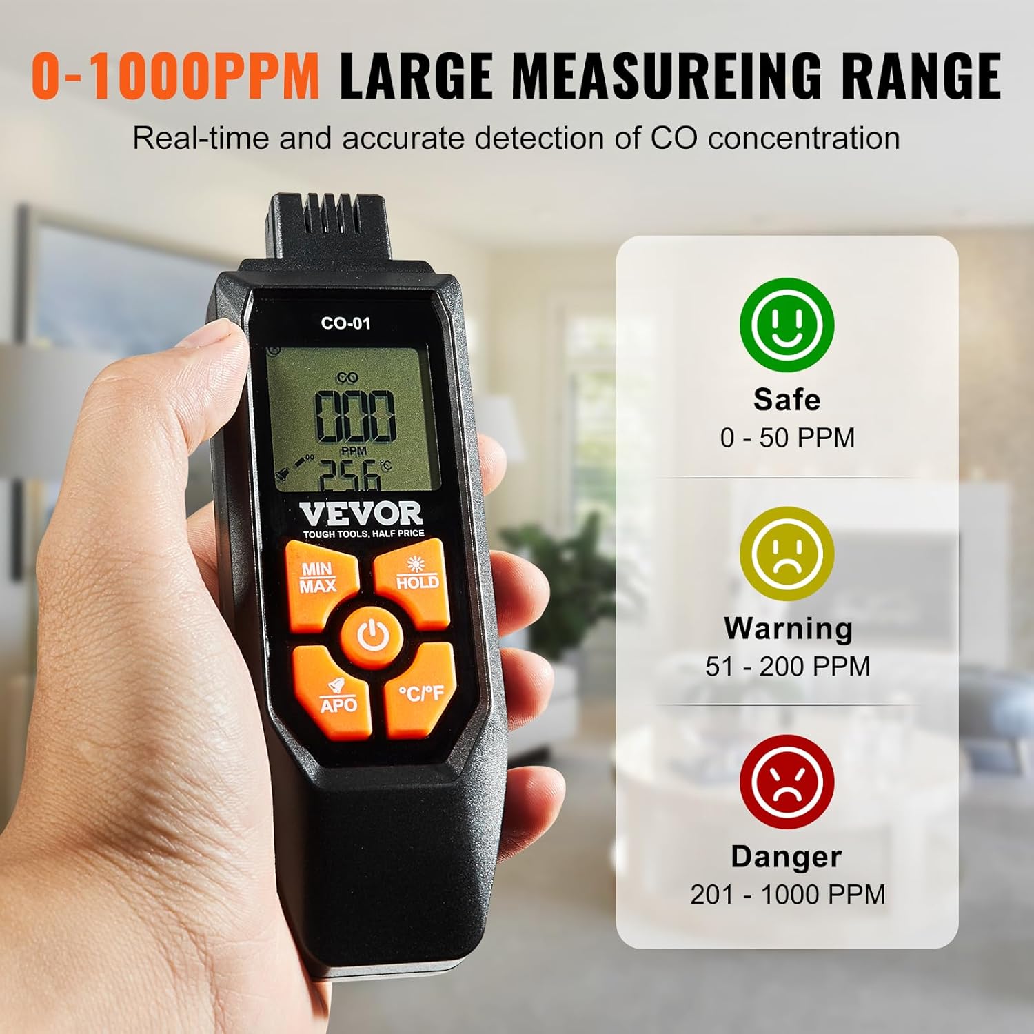 VEVOR Detectores de monóxido de carbono, detector de CO portátil de 0 a 1000 PPM con alarma audible y visual, medidor de gas CO portátil con sensor