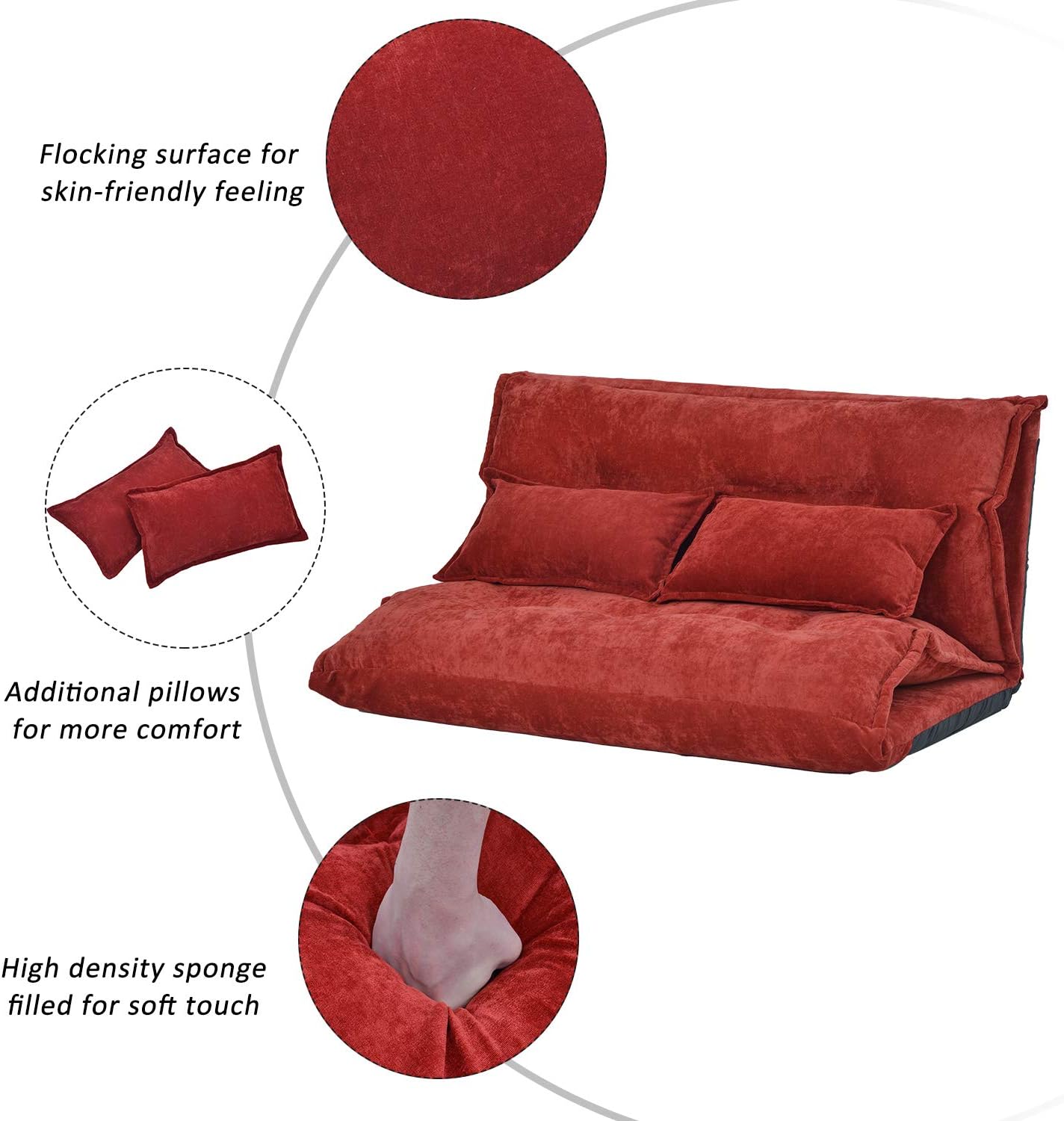 Sofá de suelo, sofá de suelo con 2 almohadas, sofá biplaza reclinable de piel sintética, sofá plegable perezoso, 5 posiciones, sofá de videojuegos
