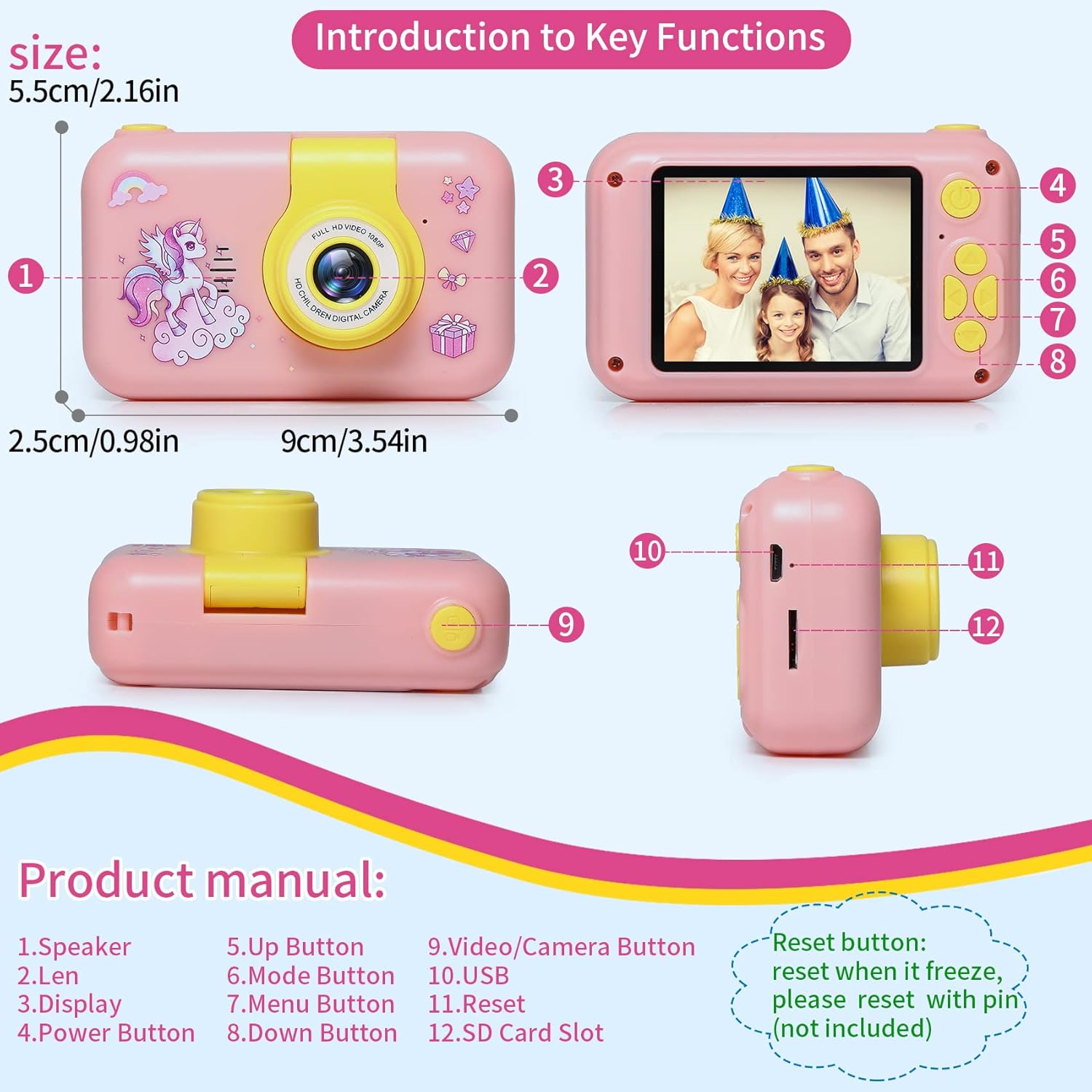 Cámara para niños, cámara digital con pantalla IPS de 2.4 pulgadas, cámara de lente abatible de 180, cámara selfie para niños con juego de