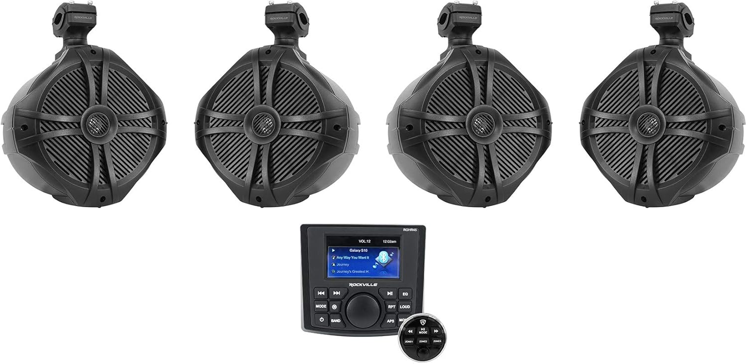 Rockville RGHR45 Receptor de agujero de calibre marino de 4 zonas, BluetoothRadioPaquete remoto con cable con (4) Rockville RWB90B Negro 8″ 300w