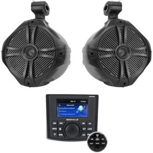 Rockville RGHR45 Receptor de agujero de calibre marino de 4 zonas, BluetoothRadioPaquete remoto con cable con (4) Rockville RWB90B Negro 8″ 300w Rockville RGHR45 Receptor de agujero de calibre marino de 4 zonas, BluetoothRadioPaquete remoto con cable con (4) Rockville RWB90B Negro 8″ 300w