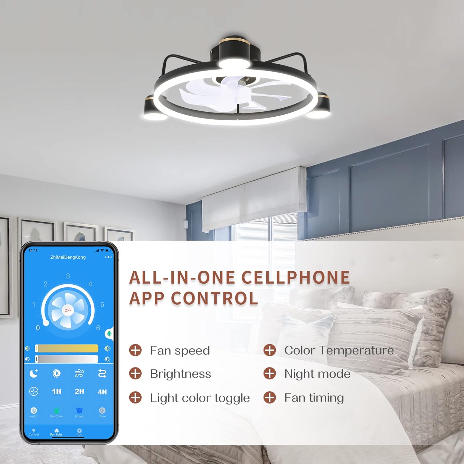 CNCMtiger Ventiladores de techo modernos con luces, ventilador de techo de montaje empotrado de 20 pulgadas con luces y control remoto, ventilador