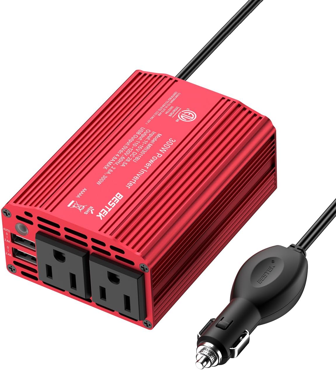 BESTEK Inversor de corriente para automóvil de 300 W, convertidor de inversor de automóvil de CC 12 V a 110 V CA con puertos de carga USB duales de