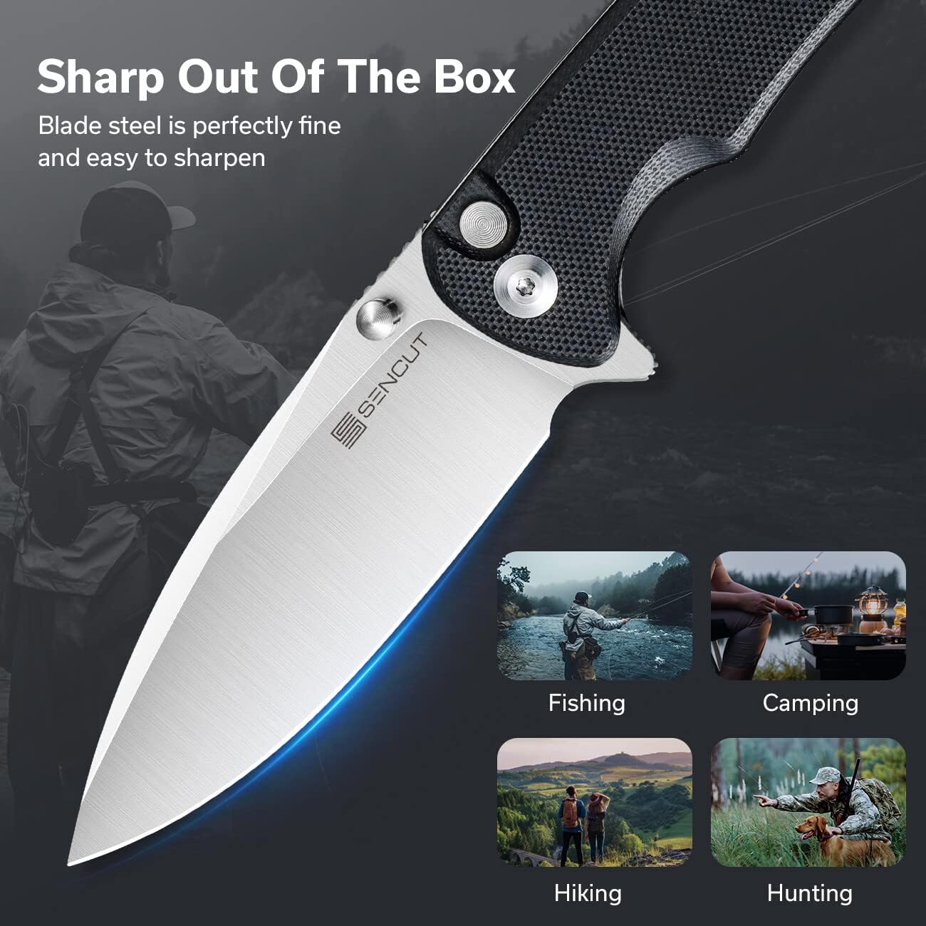 SENCUT Sachse – Cuchillo plegable para EDC, mango negro G10 de satén 9Cr18MoV, cuchillo pequeño plegable con clip, cuchillo de transporte diario