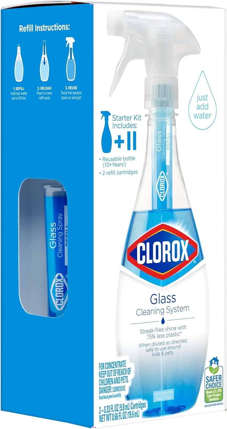 Clorox Glass Cleaner Cleaning System with one Reusable Bottle Plus 2 Refill Cartridges, Household Essentials, 3 Piece Set