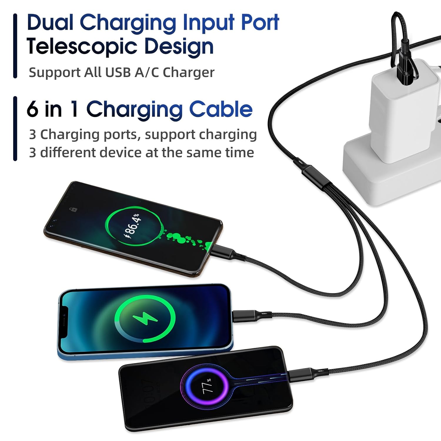 Cable de carga múltiple 6 en 1 3 unidades de 4 pies Cable de carga múltiple de nailon trenzado múltiple cable de carga rápida USB AC a teléfono USB