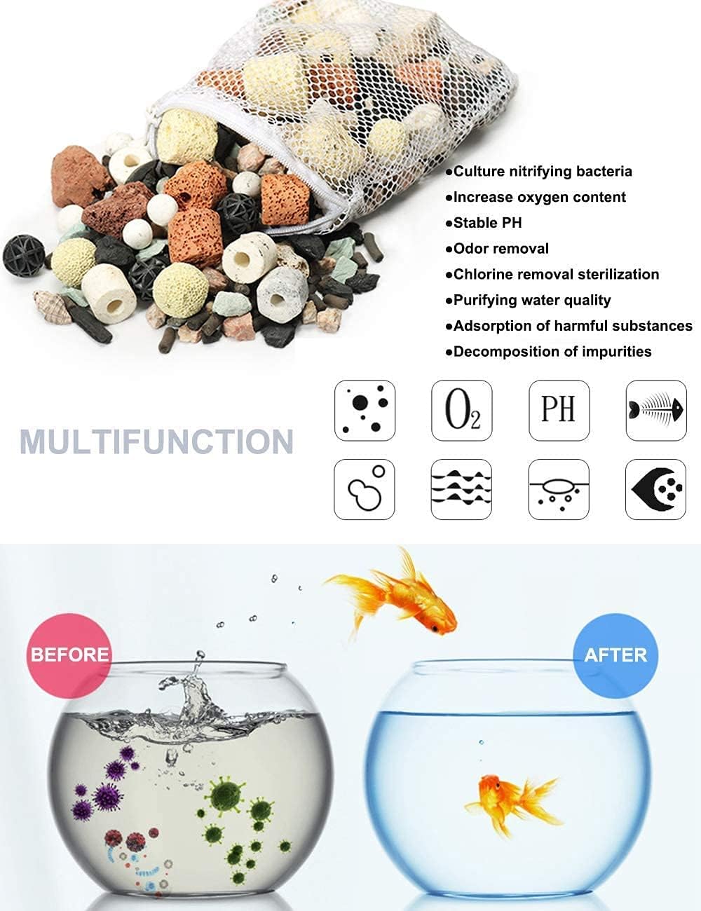 GOLDEAL Bio Balls – Juego de anillos de cerámica, medios de filtro biológico para acuario con bolsa de malla para pecera y estanque, filtro de