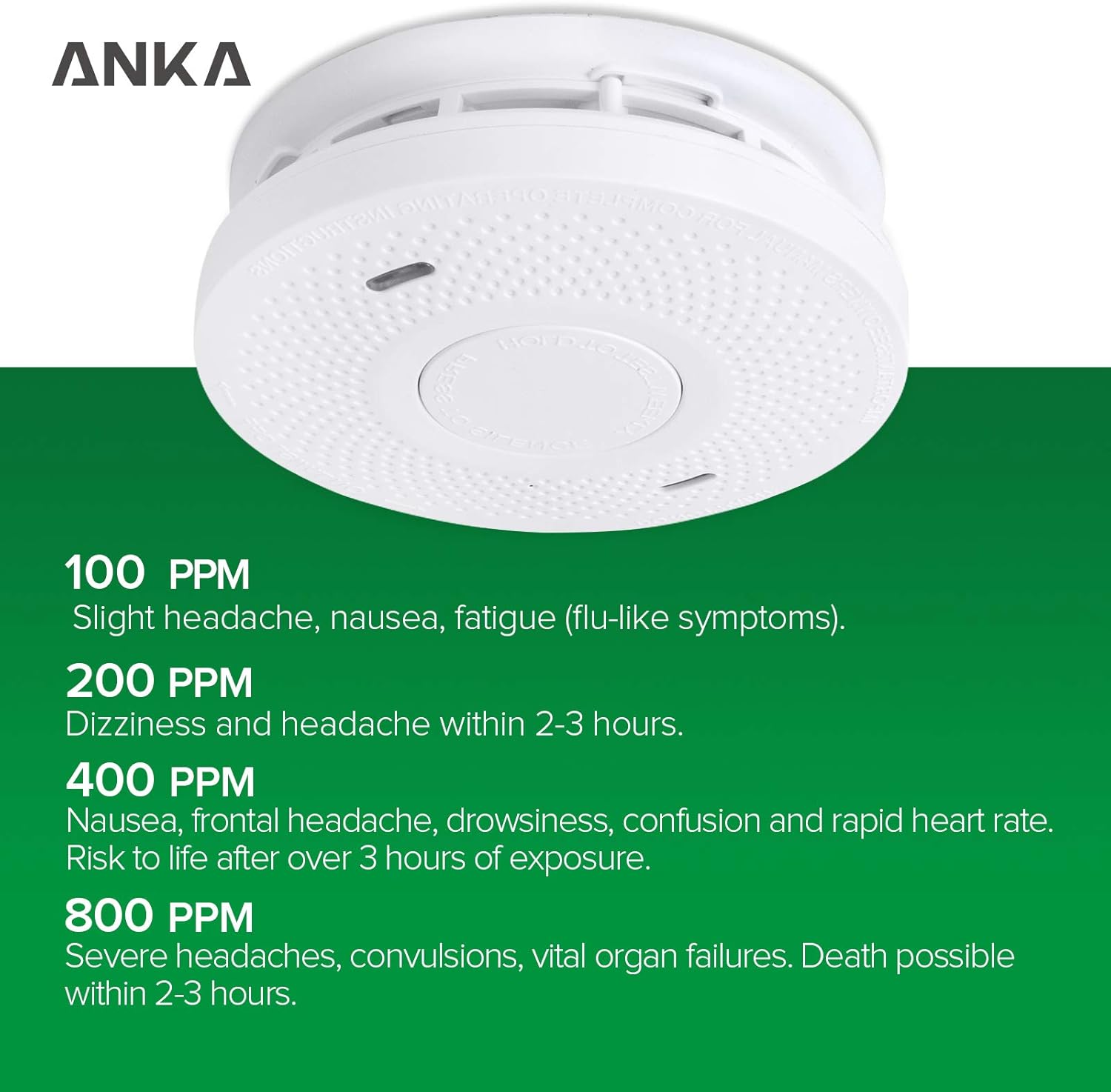 ANKA Detector de humo y monóxido de carbono, batería de 10 años, sin cableado, alarma combinada de humo de doble sensor con función de silencio, UL