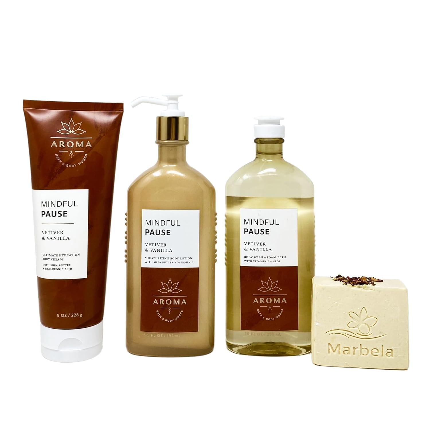 Bath & Body Works Aroma Mindful Pause VETIVER & VAINILLA – Paquete económico de 3 piezas – Crema corporal – Gel de baño + espuma – Loción corporal –
