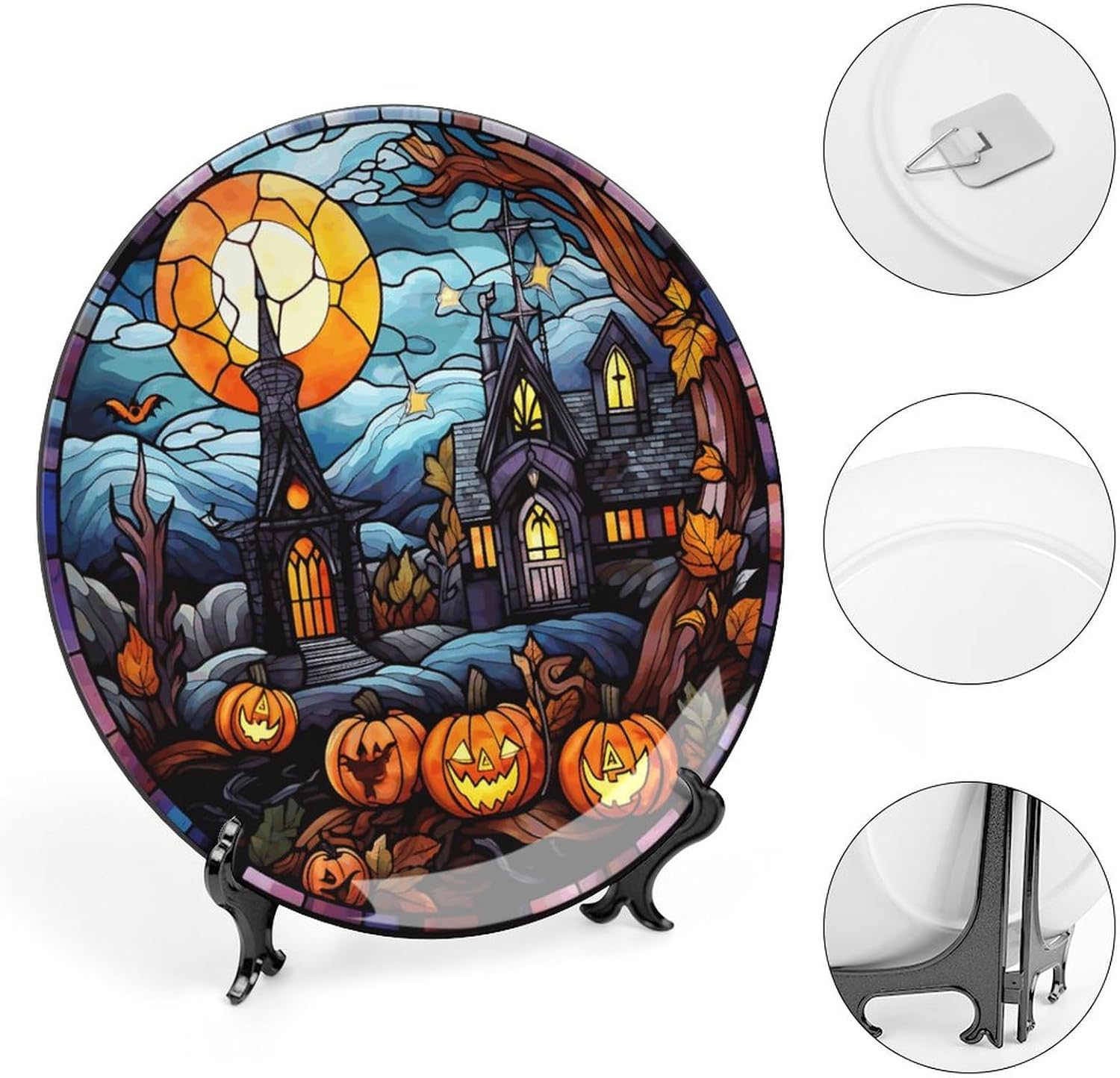 Platos decorativos de Halloween, diseño de casa embrujada, escena nocturna, vitral, placa de cena de cerámica para el hogar con soporte de