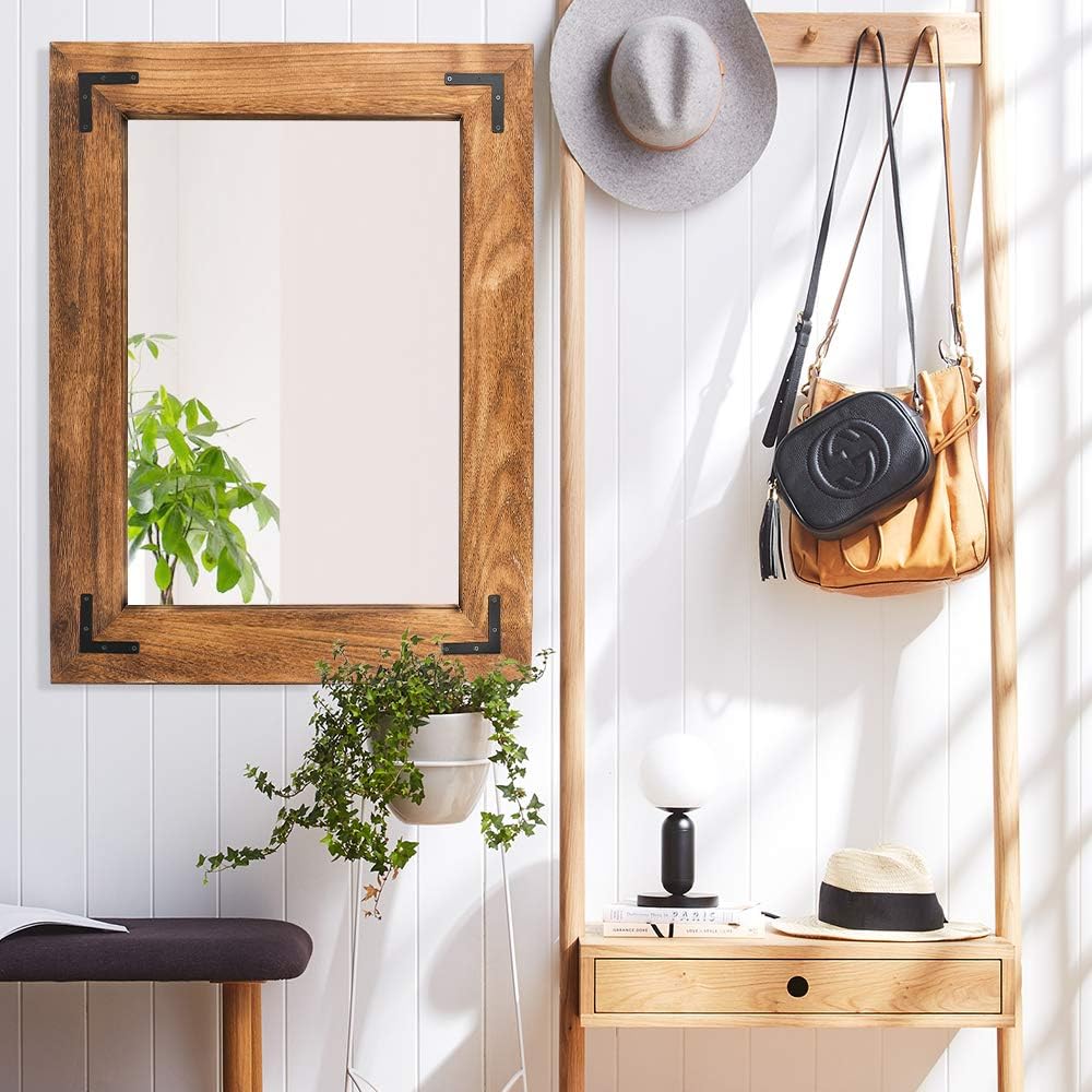 YOSHOOT Espejo de pared con marco de madera rústica, espejo de tocador de baño de madera natural para decoración de granja, colgante vertical u