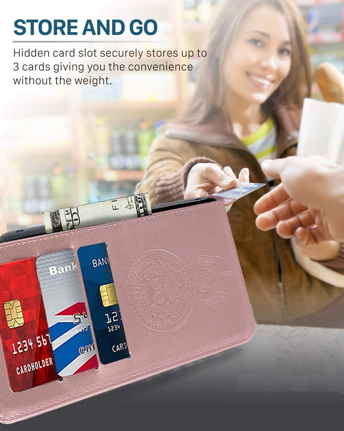 Funda para Moto E 2020, Motorola E 2020 con tarjetero correa para la muñeca Funda de piel sintética con tapa para Motorola Moto E 2020 (oro rosa)