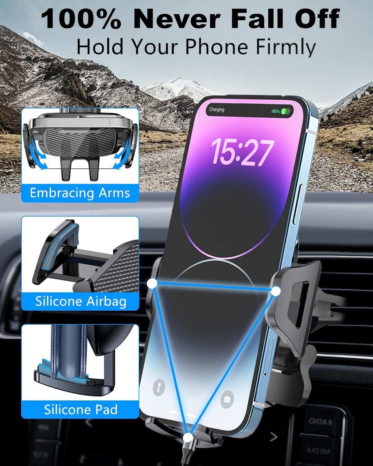 Soporte de cargador de teléfono 3 en 1 para automóvil, cargador USB C de 60 W de carga rápida para iPhone 141312 + cable tipo C de 4 pies,