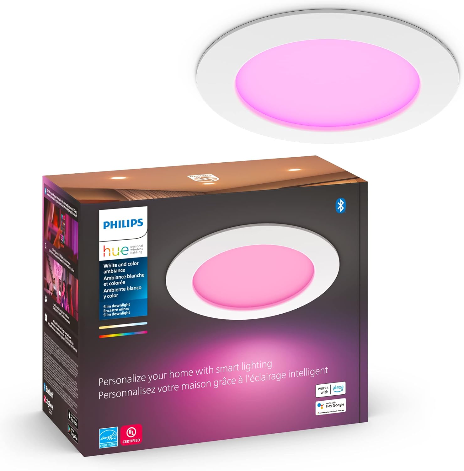 Philips Hue Downlight delgado de 6 pulgadas, luz inteligente LED blanca y de color (compatible con Bluetooth), control de voz con Alexa, Apple