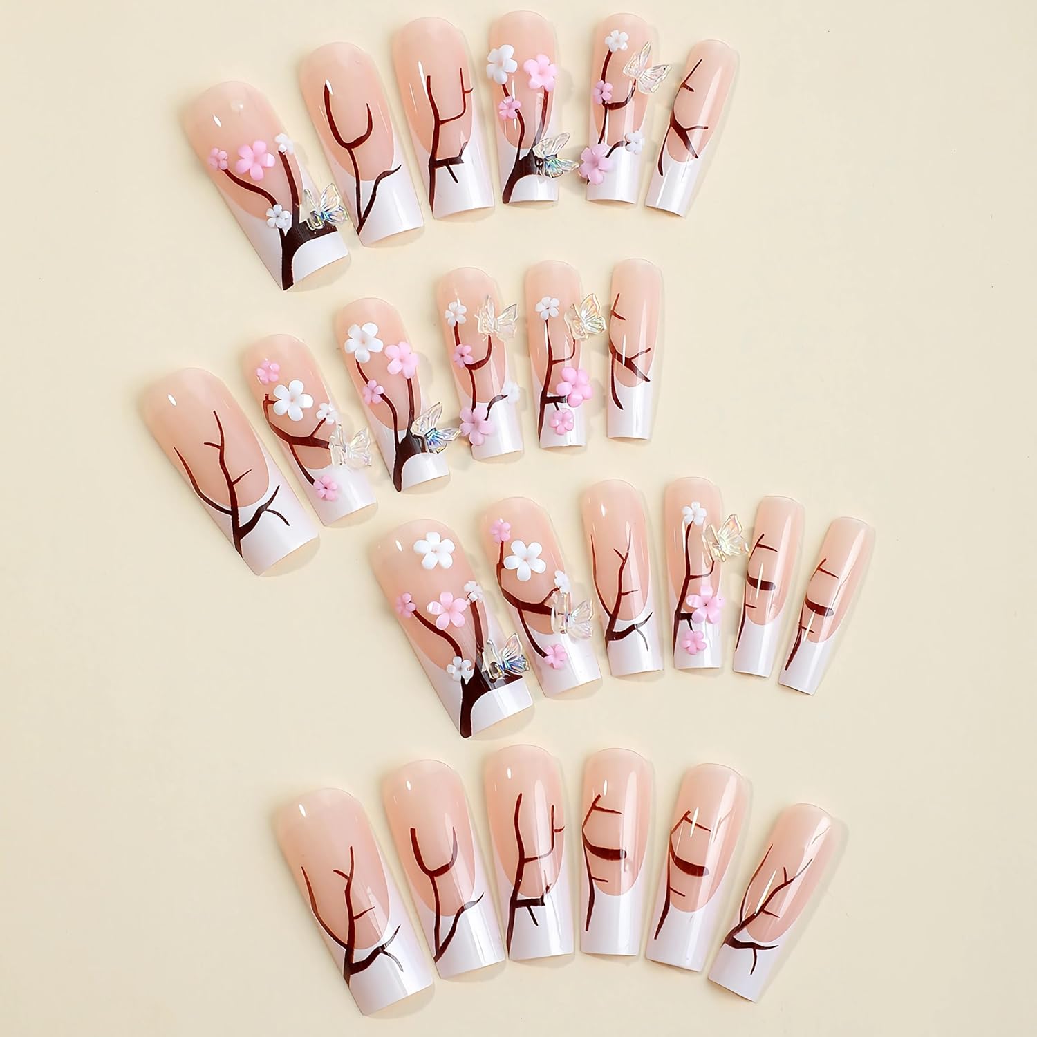 BABALAL Uñas postizas a presión de punta francesa, uñas postizas largas y cuadradas, uñas blancas con pegamento en 3D, diseño de mariposa, uñas