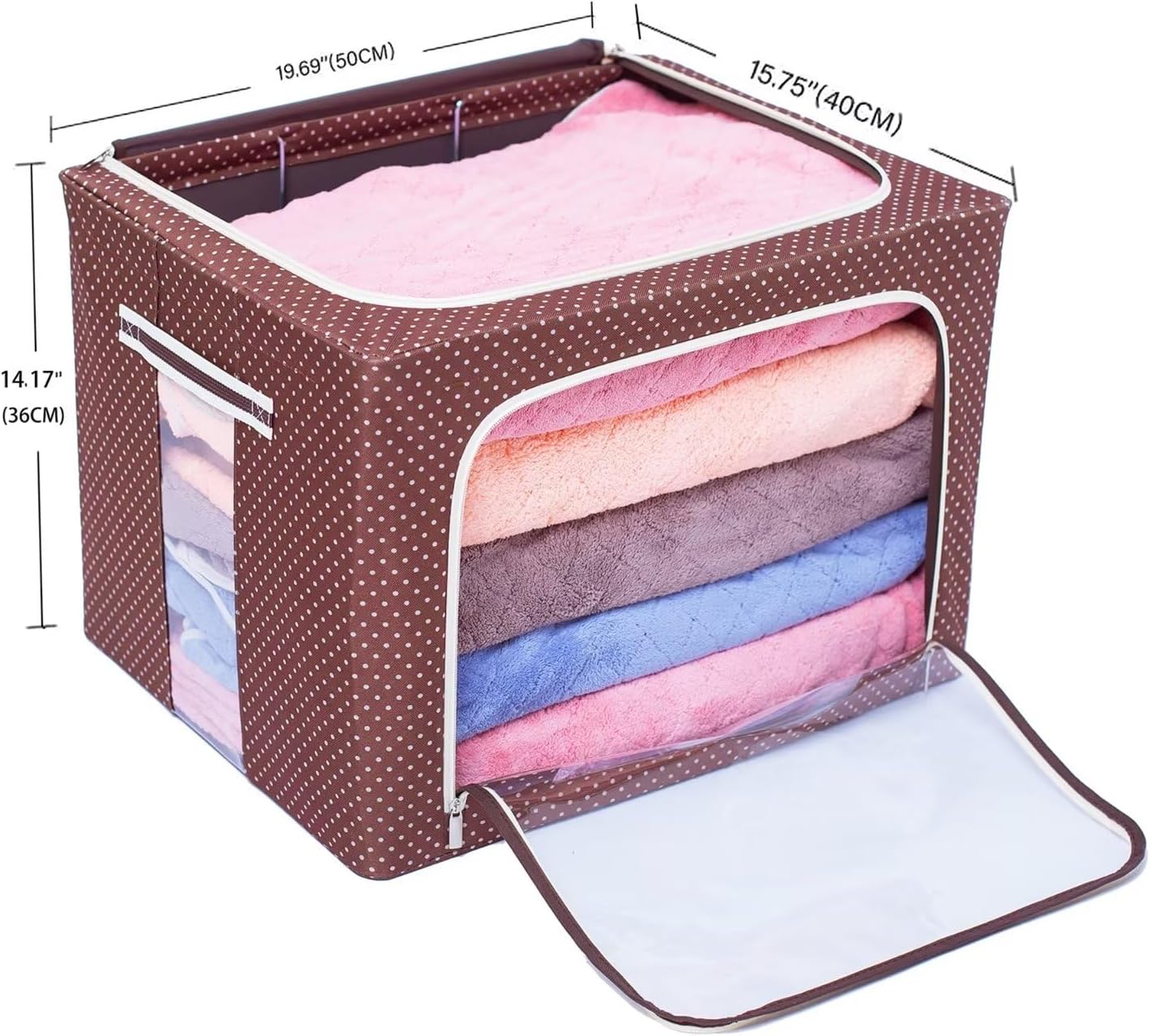 Caja de contenedores de almacenamiento de ropa con marco de acero apilable Ventana transparente plegable para ropa de cama de suéter