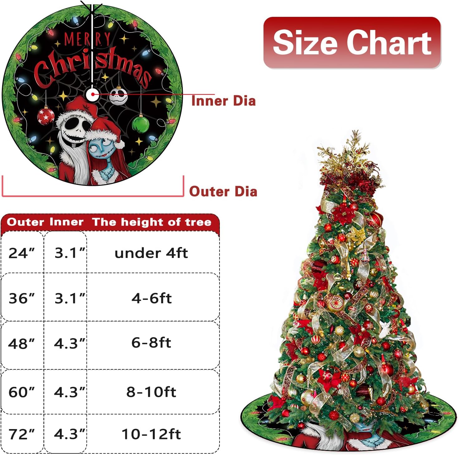 Feliz Noche de Navidad. Mare Be Fore. Falda de árbol de Navidad de 72 pulgadas con cordones Jack Skellington y Sally – Falda de árbol artificial