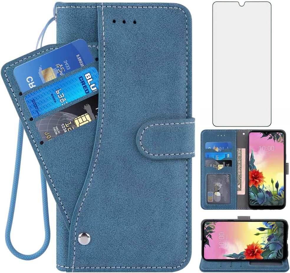 Asuwish Compatible con LG K50Q60X6K12 MAX – Funda tipo cartera y protector de pantalla de vidrio templado, funda abatible para tarjetas de crédito,