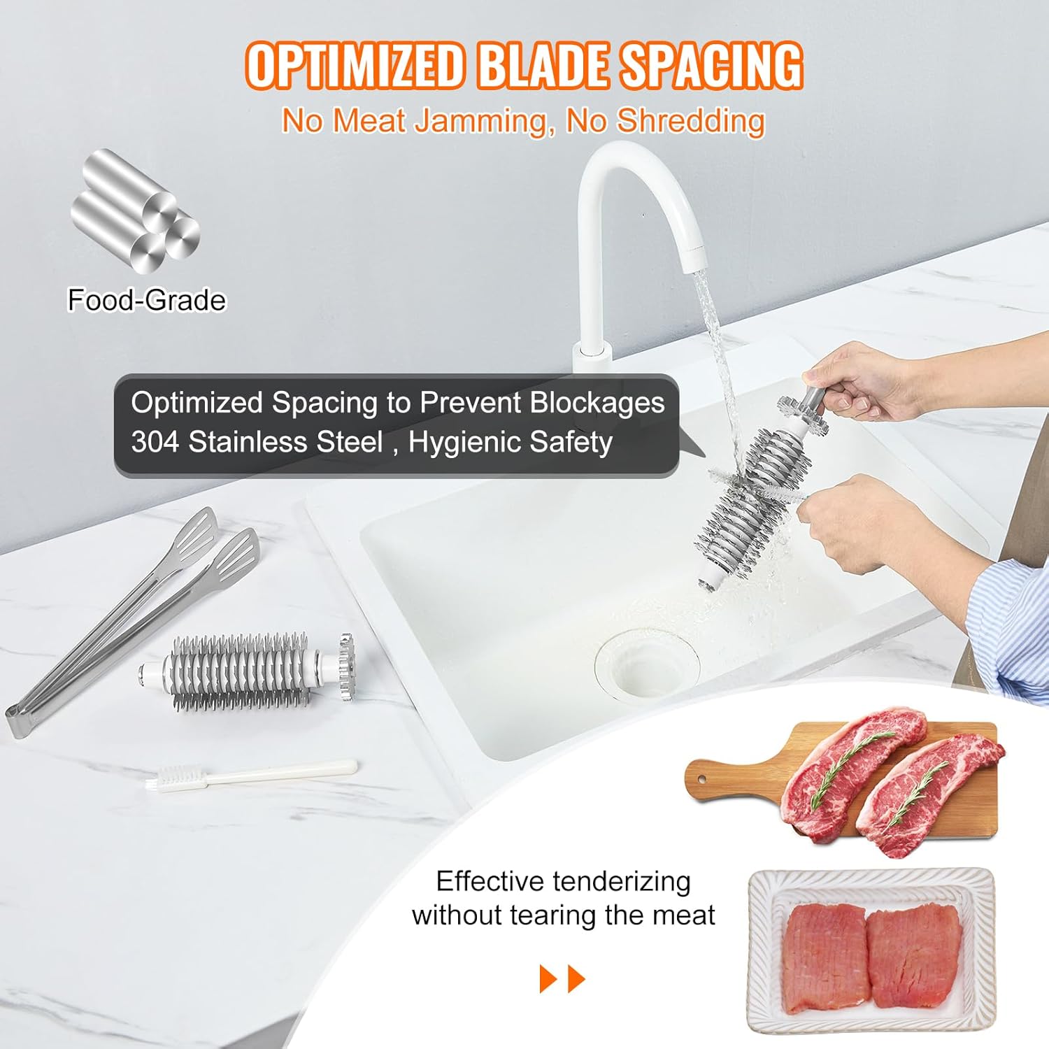 VEVOR Ablandador de carne comercial, herramienta de cocina de acero inoxidable resistente con asa, pinza para carne y cepillo de limpieza, máquina