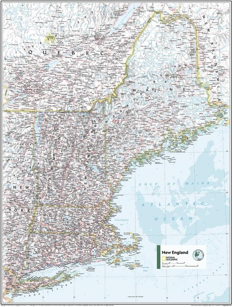 National Geographic Maps New England U.S.A – Mapa de pared, compacto, 21 x 16 pulgadas, lienzo enrollado