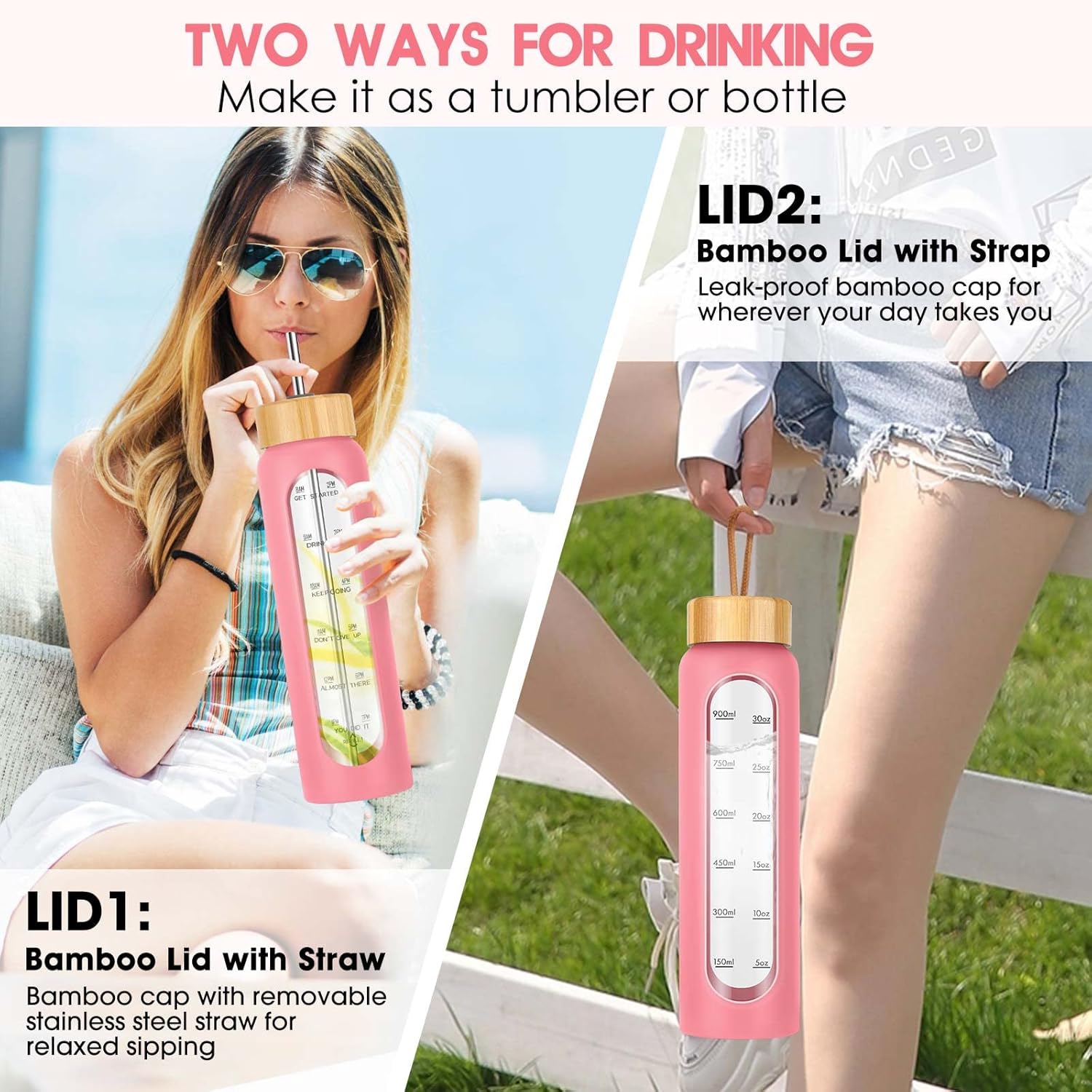 Botellas de agua de vidrio de 32 onzas con popote, botella de agua de vidrio motivacional con marcador de tiempo y funda de silicona, vaso de vidrio