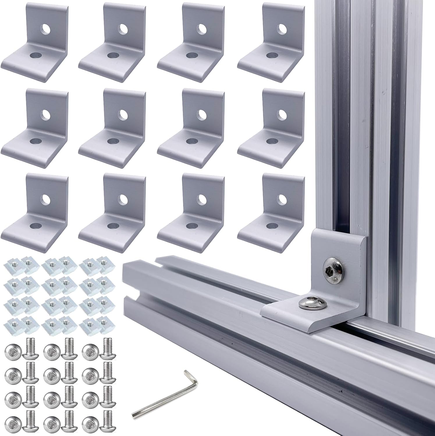 Juego de 12 conectores de perfil de aluminio de la serie 1010 plateados, 12 soportes de esquina de 1 pulgada x 1 pulgada de largo, con tuercas