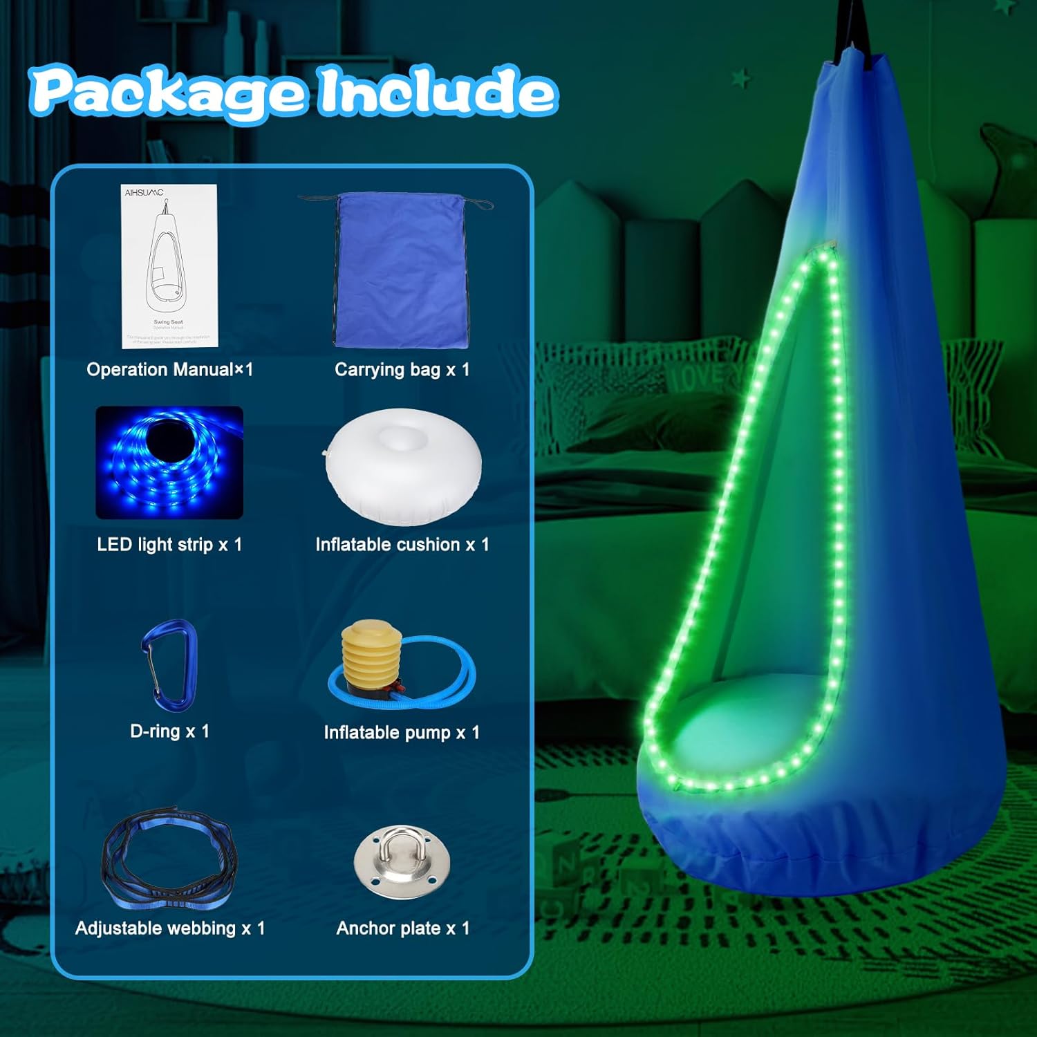Asiento columpio para niños, hamaca colgante con tira de luces LED y cojín inflable, silla giratoria sensorial para exteriores e interiores, máximo