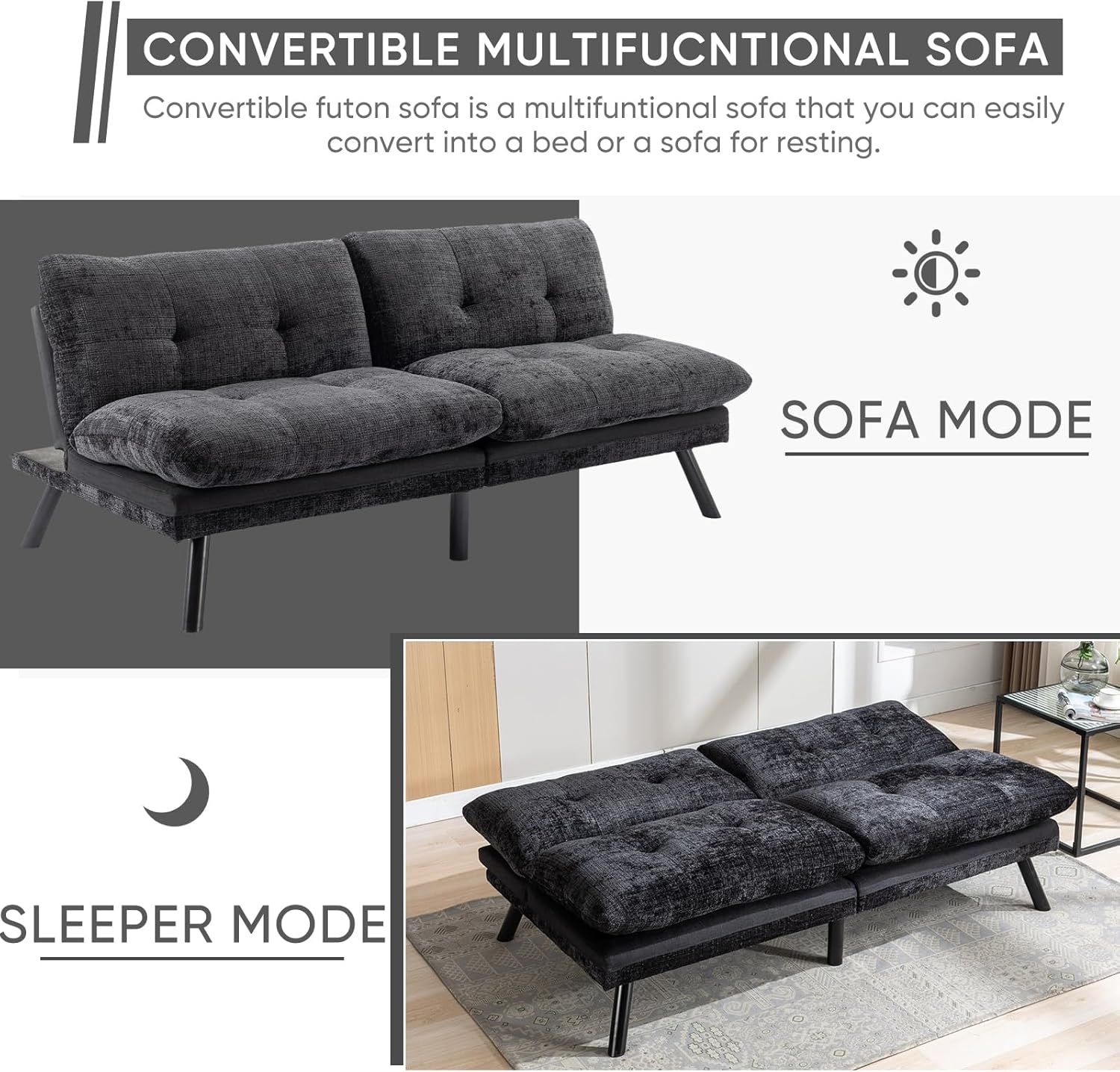 Sofá cama futón, sofá cama convertible de espuma viscoelástica, sofá biplaza pequeño con respaldo dividido para sala de estar, moderno asiento de