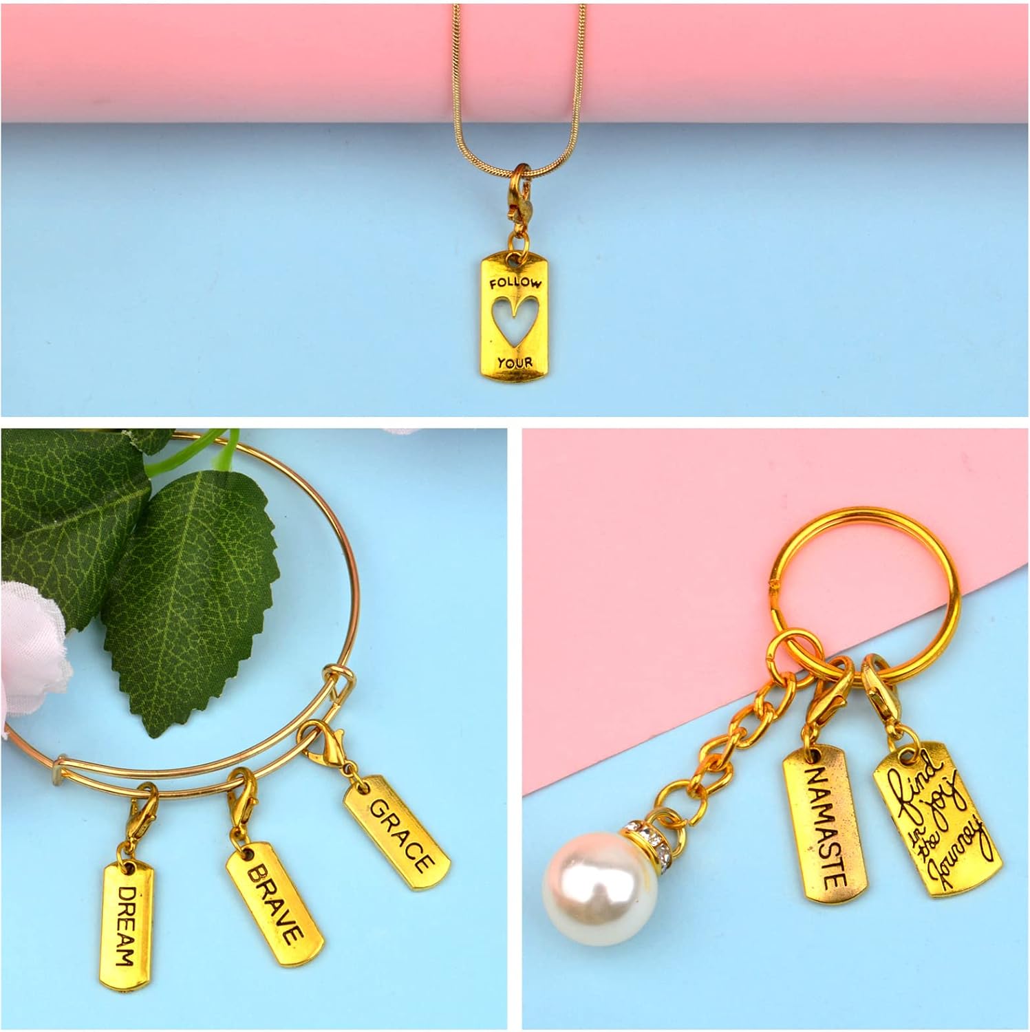24 dijes dorados antiguos con clip de inspiración grabados con palabras motivacionales con cierre de langosta para hacer joyas, accesorios de