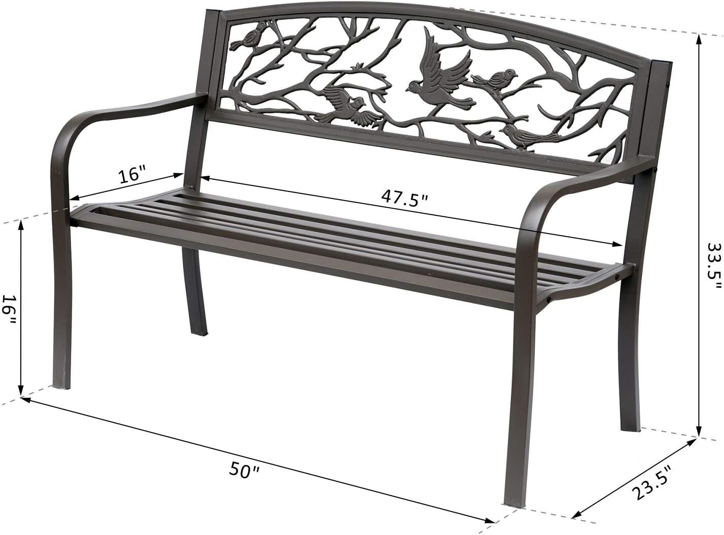 Outsunny Banco de jardín de 50 pulgadas, banco de patio al aire libre con patrón de animales, banco de metal de acero fundido para patio, césped,
