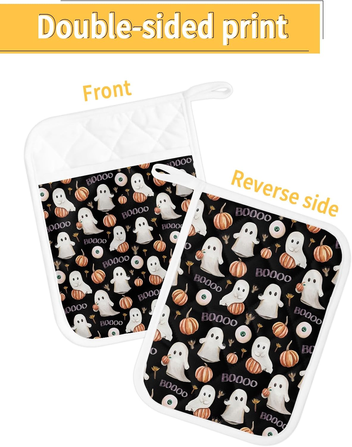 Halloween 2Pcs Pot Holders for Kitchen, Non Slip & Heat Insulation Terry Cloth Potholder Set with Pocket, Thick Hot Pad Oven Mitts Trivet Coaster