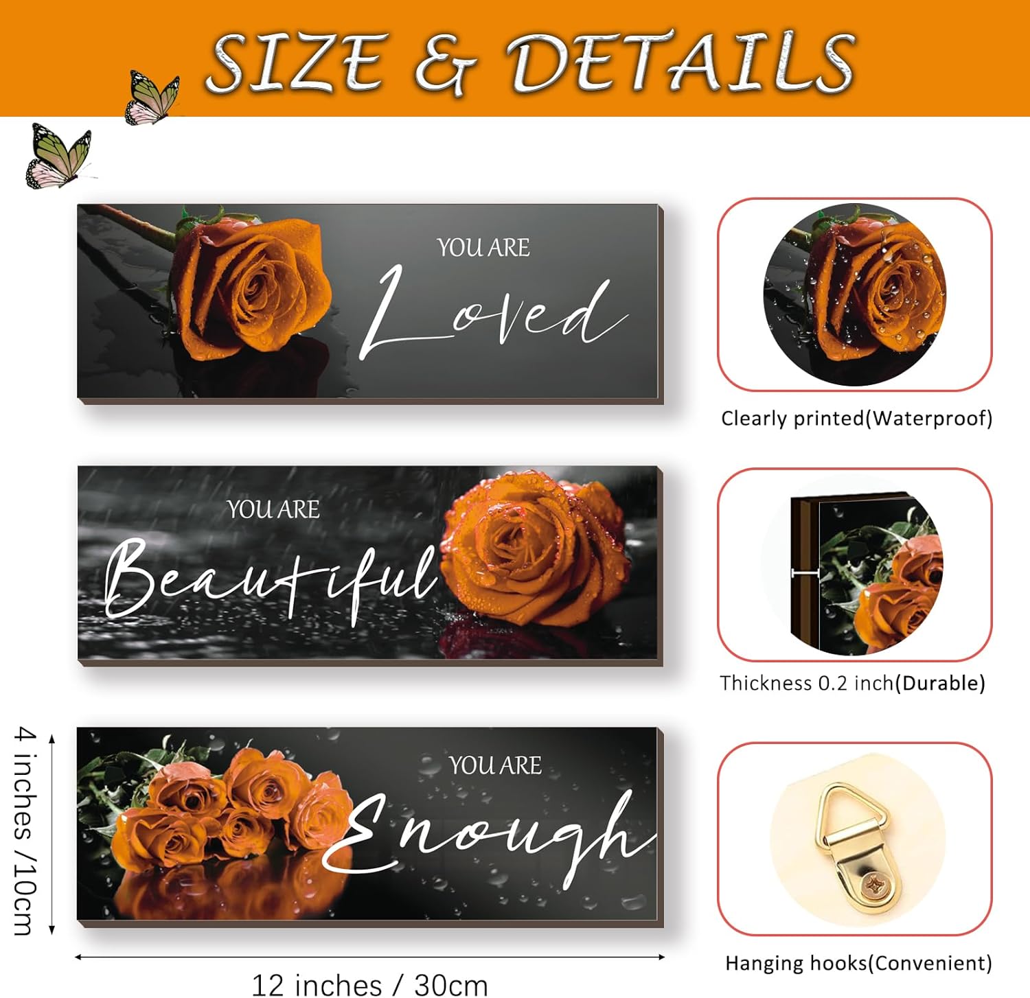 ZINYAZHE 3 piezas de decoración de pared naranja inspiradoras rosas naranjas decoración de baño, arte de pared de madera, citas positivas You Are