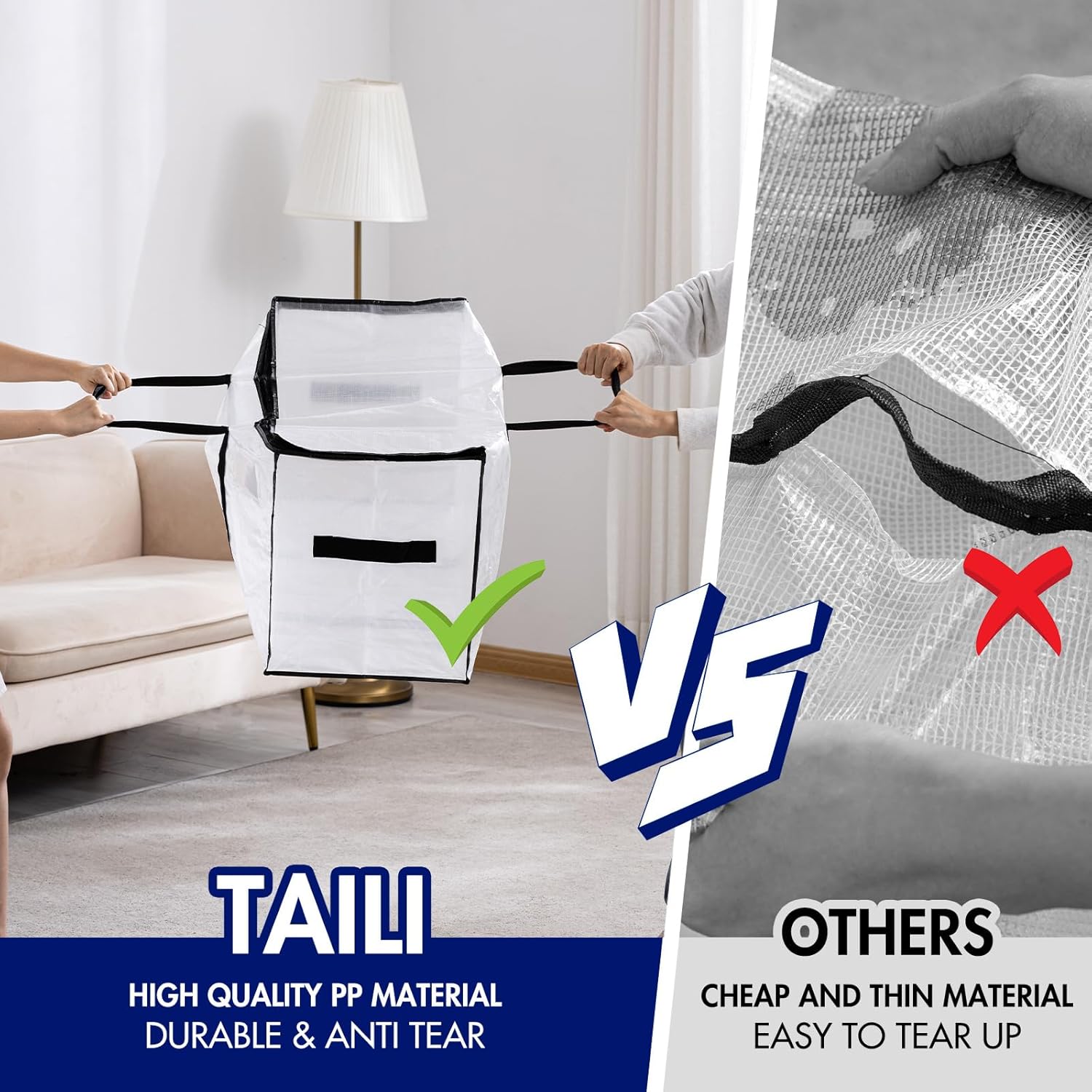 TAILI Bolsas de mudanza extra grandes, paquete de 4 bolsas transparentes resistentes para almacenamiento, asas envolventes, bolsas de almacenamiento