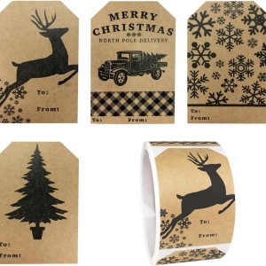 Etiquetas de regalo de papel kraft natural para regalo de vacaciones, 4 diseños diferentes, 2 x 3 pulgadas, 100 etiquetas en total Etiquetas de regalo de papel kraft natural para regalo de vacaciones, 4 diseños diferentes, 2 x 3 pulgadas, 100 etiquetas en total