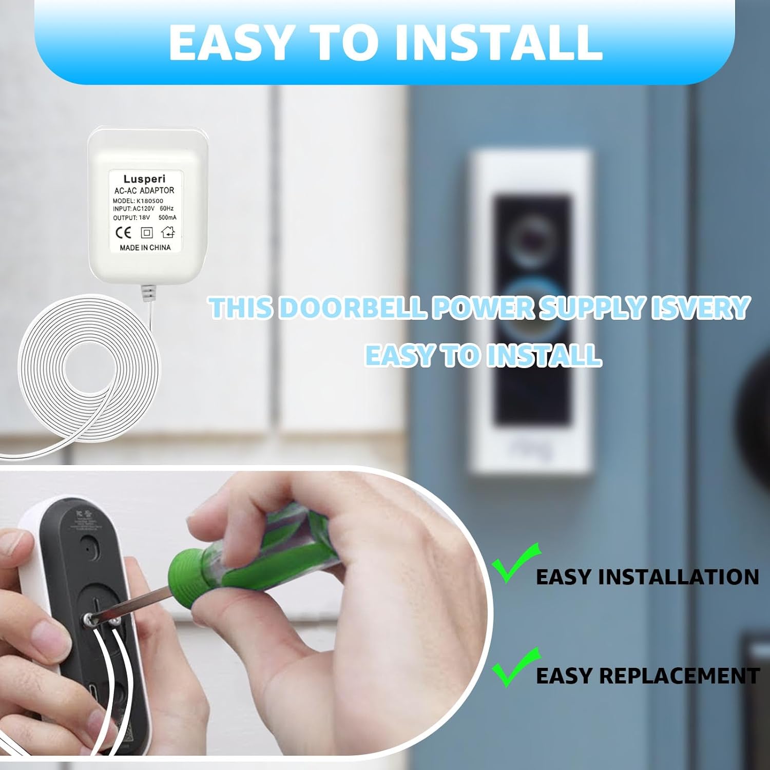 Transformador de timbre de puerta extralargo de 26.2 pies 18V500mA compatible con timbres de video inalámbricos Ring, Nest, Eufy, Wyze, Arlo (blanco)