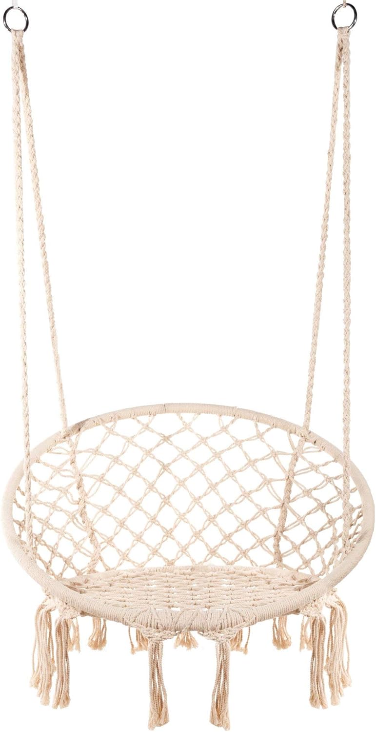 Silla hamaca de macramé, silla colgante de malla, columpio de cuerda de algodón duradero para dormitorio, patio, jardín, terraza, patio, capacidad