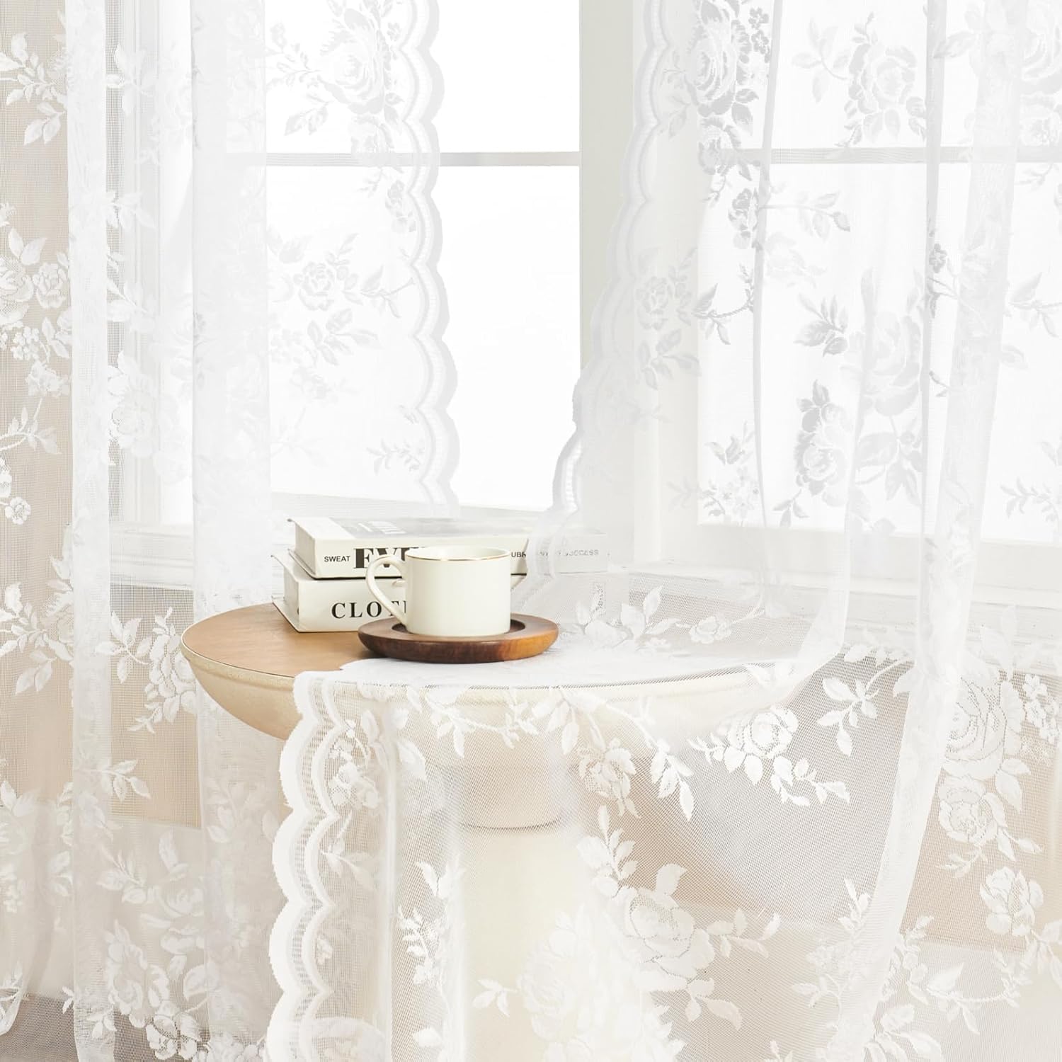 SEEKRIGHT 2 paneles de cortinas traslúcidas de encaje de 72 pulgadas de largo, cortinas florales blancas para sala de estar, dormitorio, bolsillo