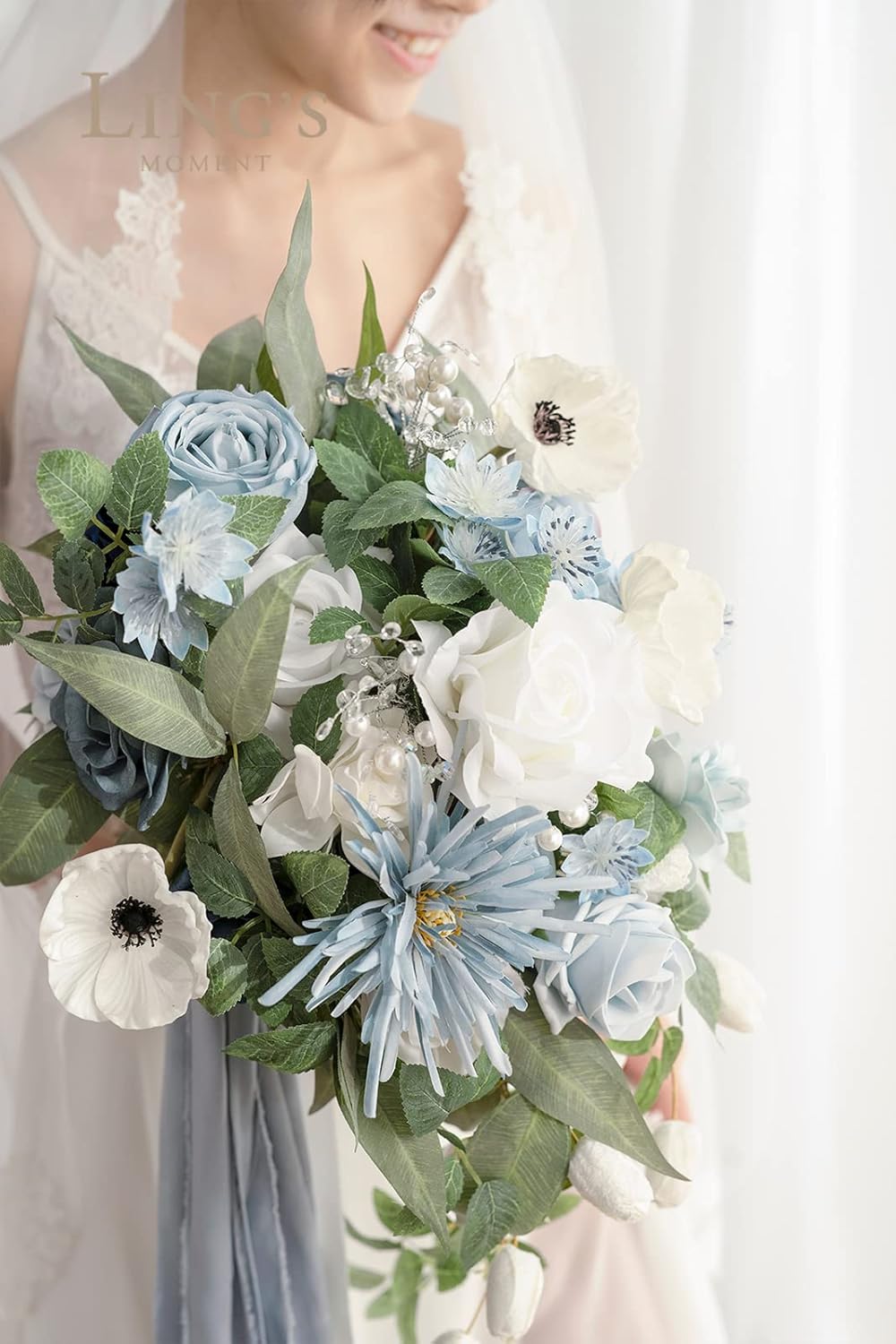 Ling’s Moment Ramo de novia azul polvoriento, ramos de novia en cascada, ramos de novia de 15 pulgadas para ramos de flores artificiales de boda