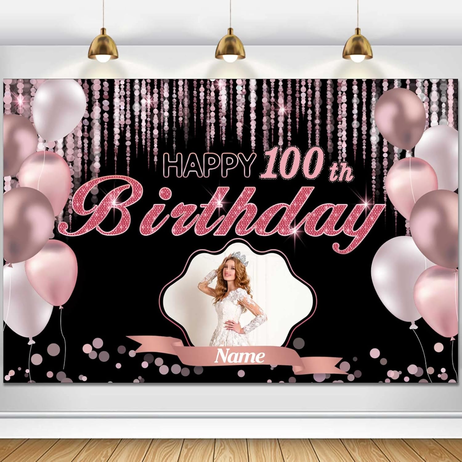 Cartel de decoración de feliz cumpleaños número 100 de oro rosa, tamaño grande, personalización con nombre y foto compatible