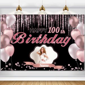 Cartel de decoración de feliz cumpleaños número 100 de oro rosa, tamaño grande, personalización con nombre y foto compatible Cartel de decoración de feliz cumpleaños número 100 de oro rosa, tamaño grande, personalización con nombre y foto compatible