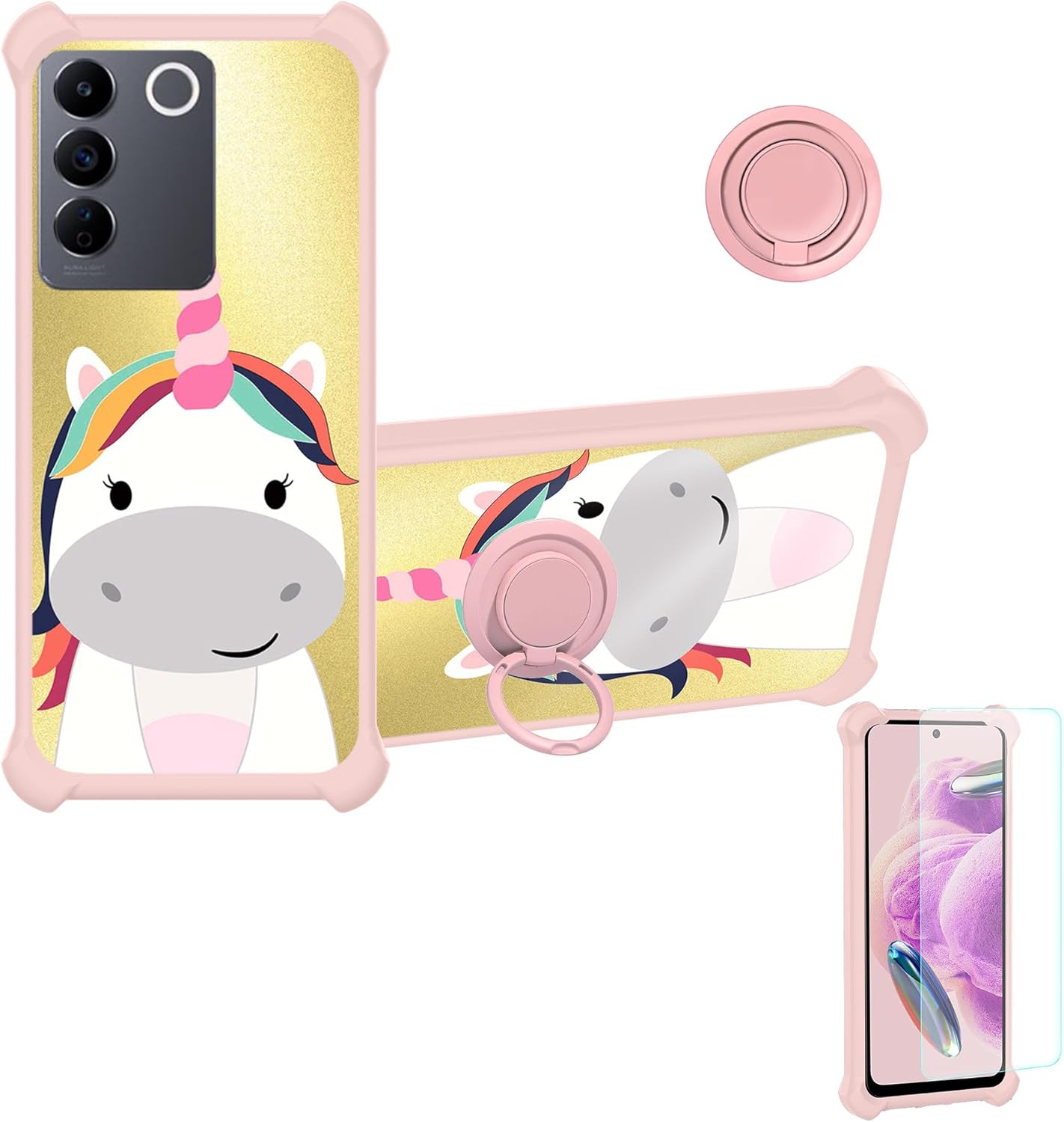 jioeuinly Funda para Vivo V27e compatible con Vivo V27e con protector de pantalla de vidrio templado, soporte de anillo, luz dorada reflectante,