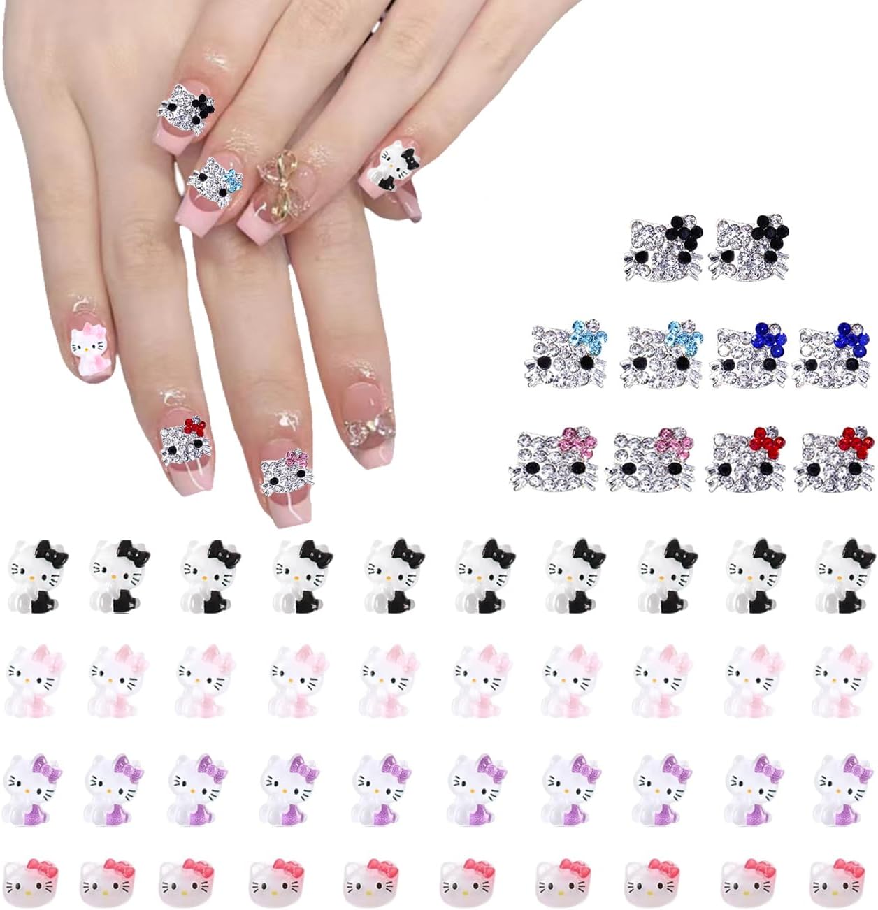 SICIJONYY 50 dijes de uñas de gatito 3D para arte de uñas, encantos kawaii para arte de uñas, dijes de resina con parte trasera plana, bonitos dijes