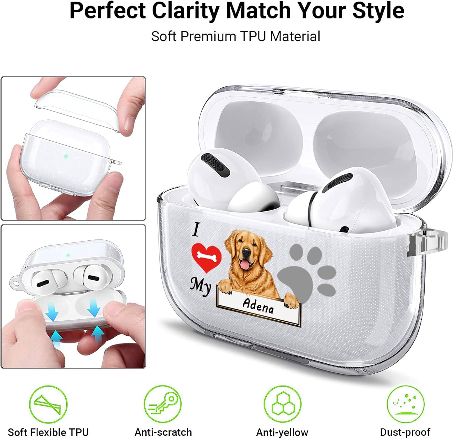 VNGDA Funda transparente personalizada con nombre de mascota I Love My Golden Retriever Dog Haedphone para Apple AirpodS Pro 21 y 3 generación,
