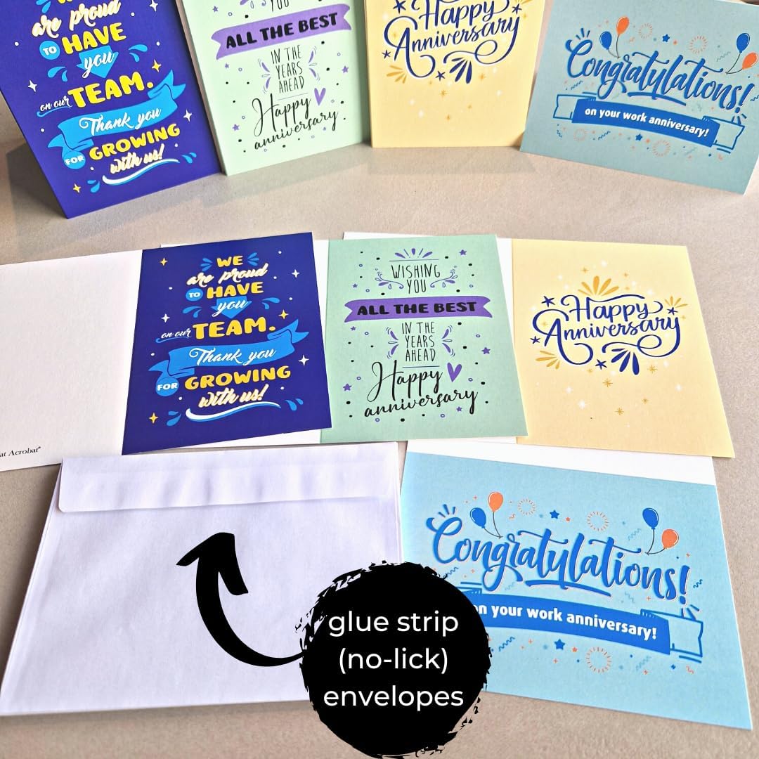 24 tarjetas de aniversario de trabajo feliz a granel con sobres, 24 tarjetas de aniversario de trabajo alegre para empleados en una caja de