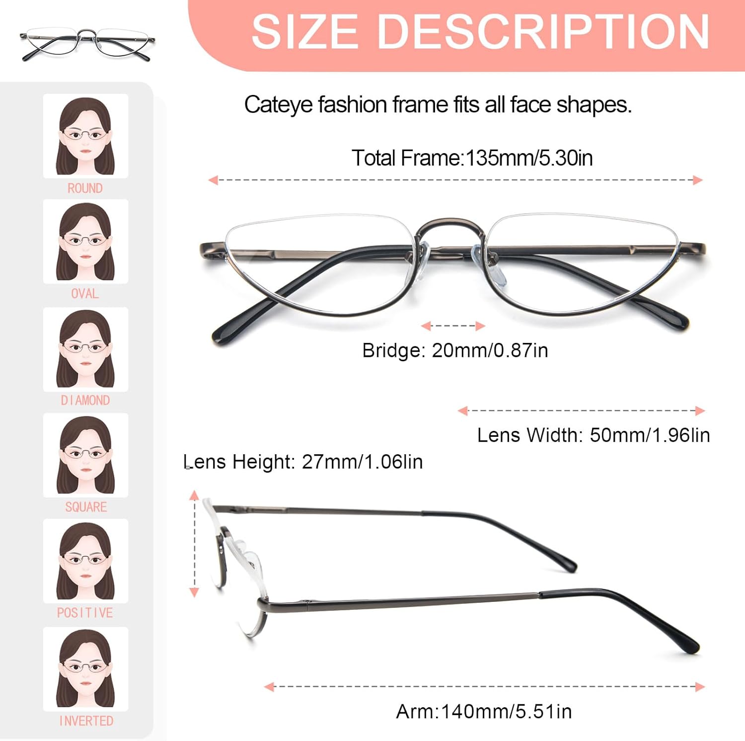 KoKoBin Lentes de lectura de media luna para hombres y mujeres, lentes de montura metálica con bisagra de resorte