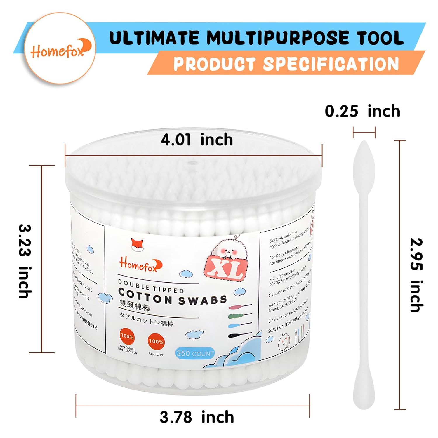 HOMEFOX Hisopos de algodón XL de precisión puntiaguda, 500 unidades extra grandes y gruesos, bastoncillos de algodón orgánico puntiagudos de doble